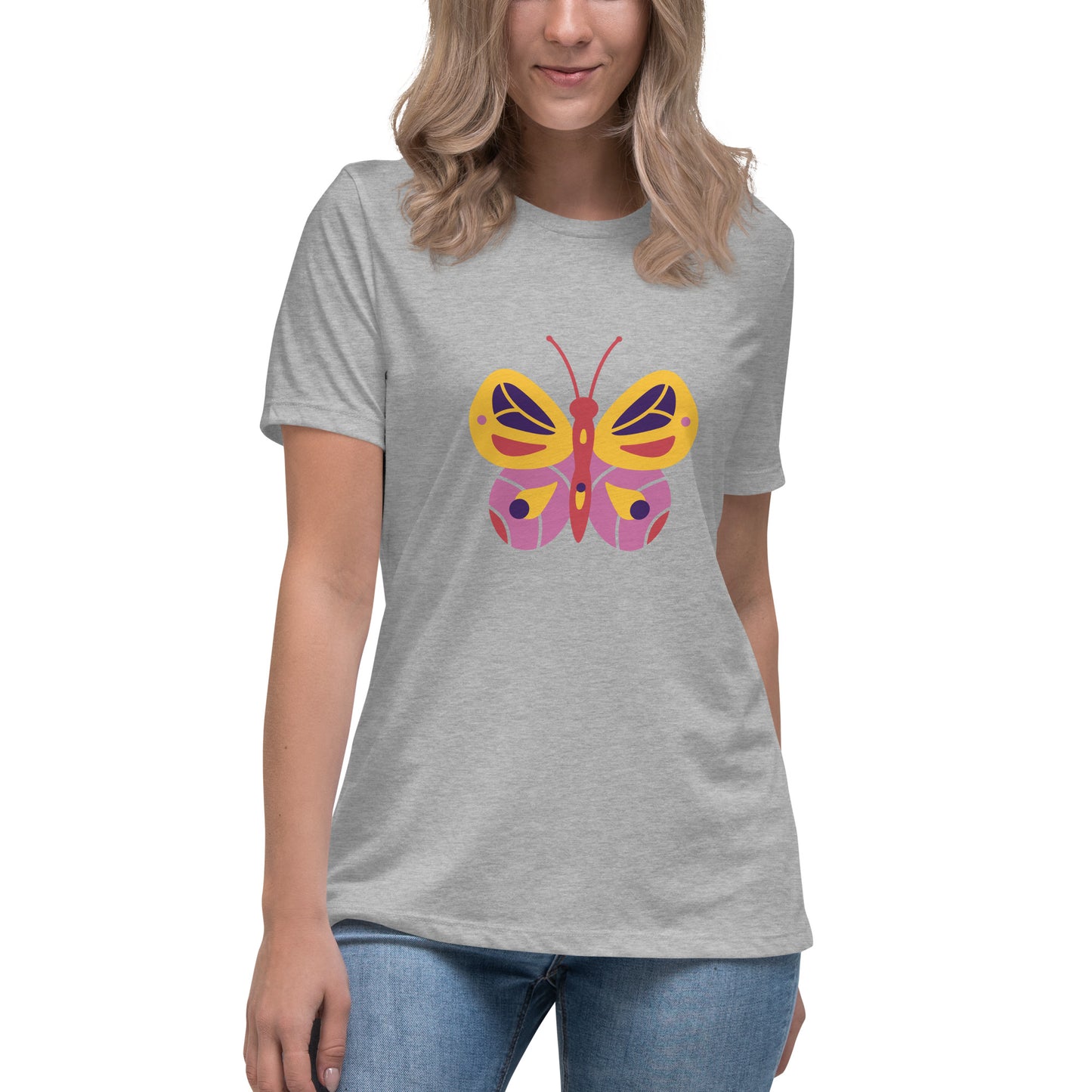 Women's Relaxed T-shirt - Colorful butterflies - Yellow and pink butterflie