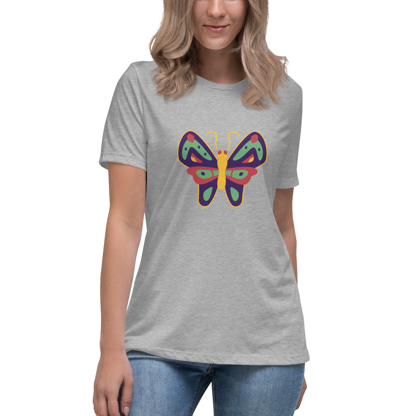 Women's Relaxed T-shirt - Colorful butterflies - Yellow and green butterflie