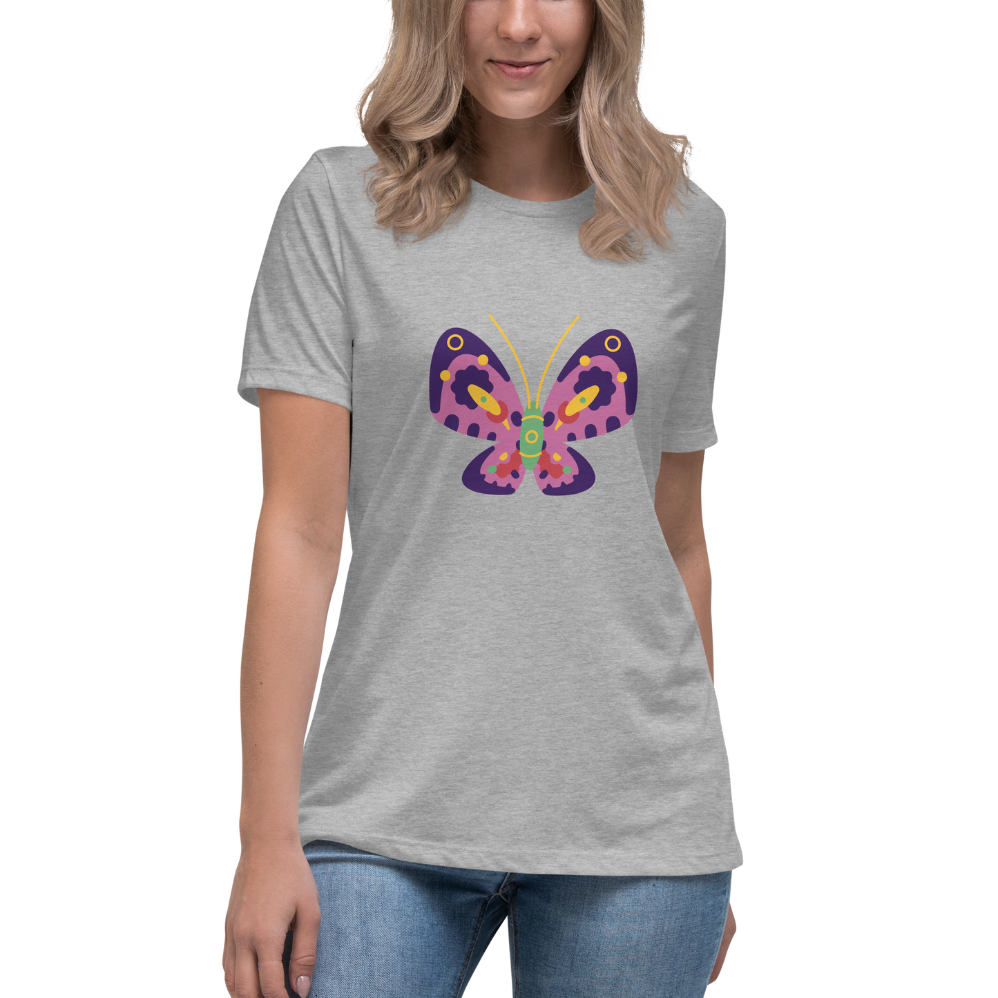 Women's Relaxed T-shirt - Colorful butterflies - Pink butterflie