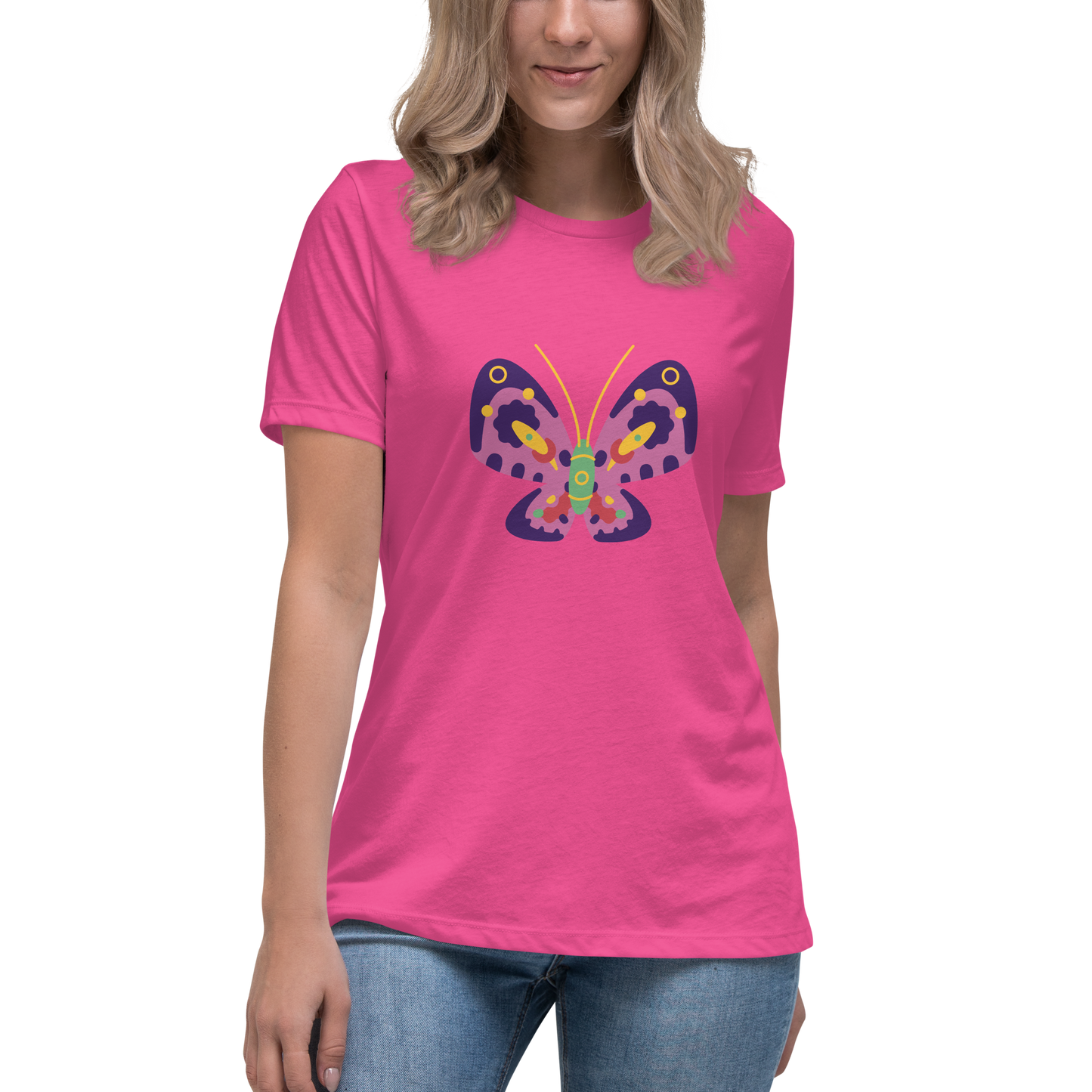 Women's Relaxed T-shirt - Colorful butterflies - Pink butterflie