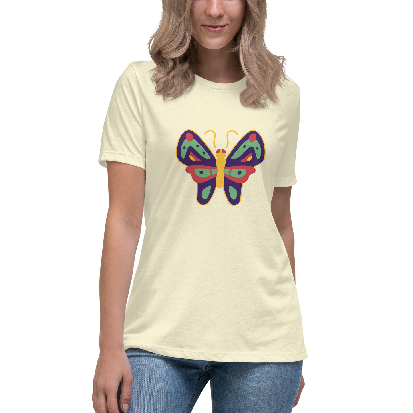 Women's Relaxed T-shirt - Colorful butterflies - Yellow and green butterflie