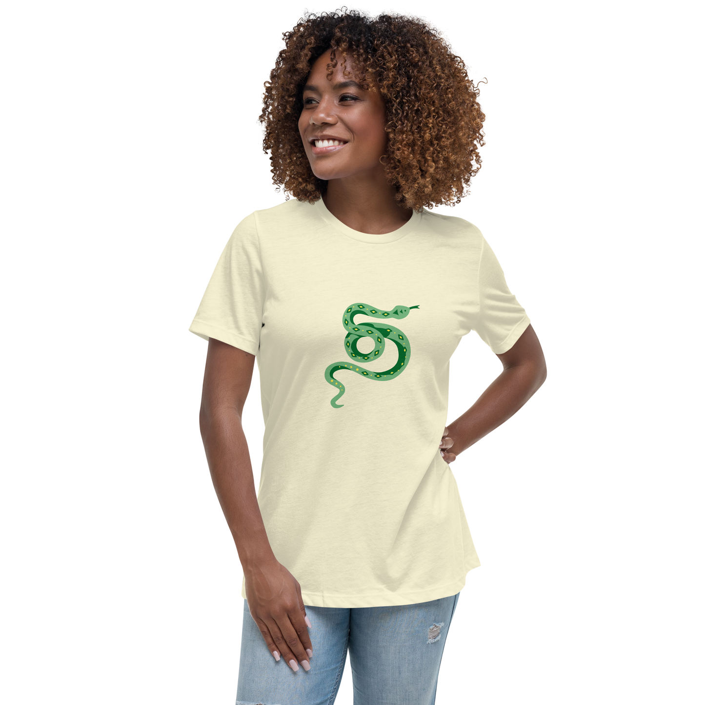 Women's Relaxed T-shirt - Snakes - Green and yellow snake