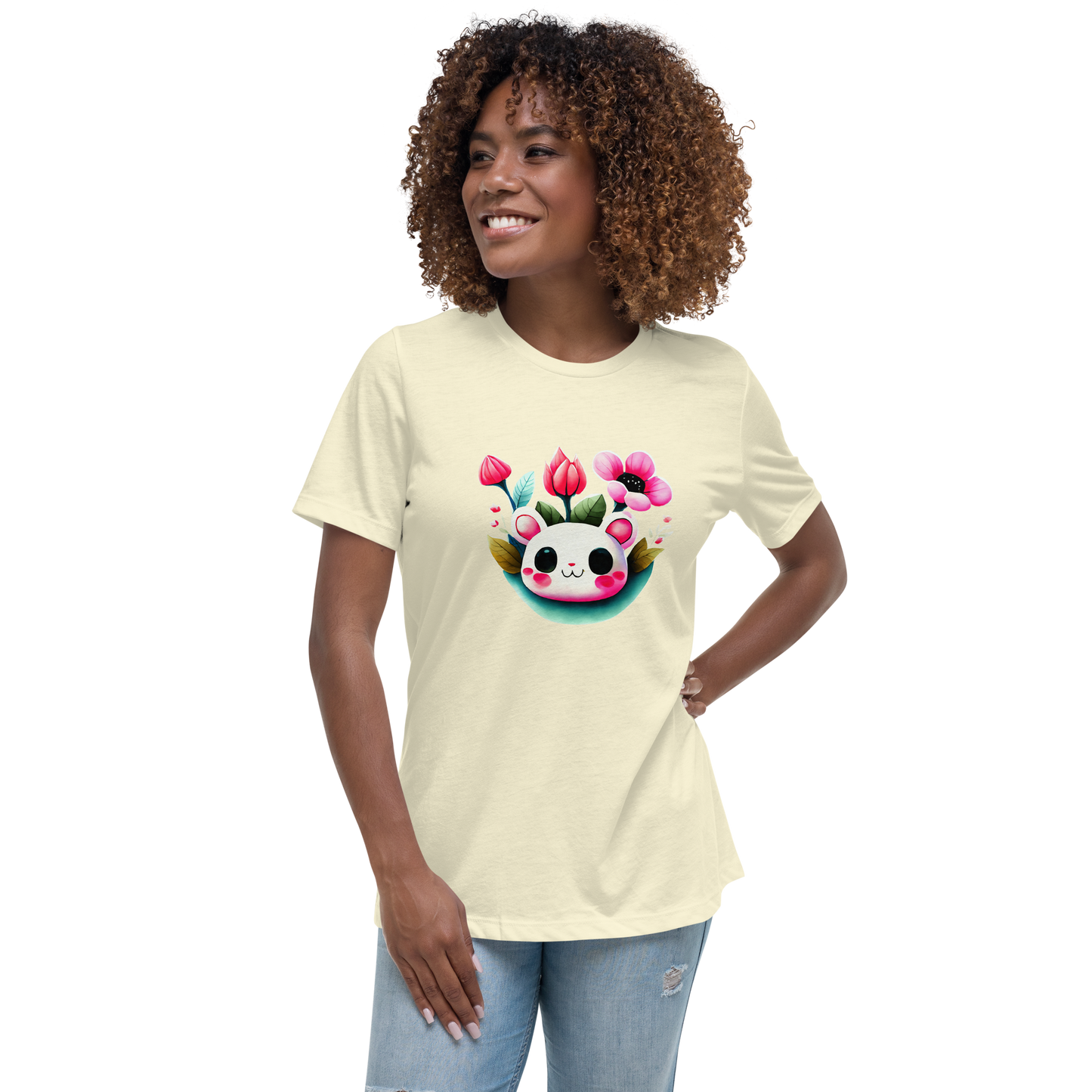 Women's Relaxed T-Shirt - White and pink Kawaii