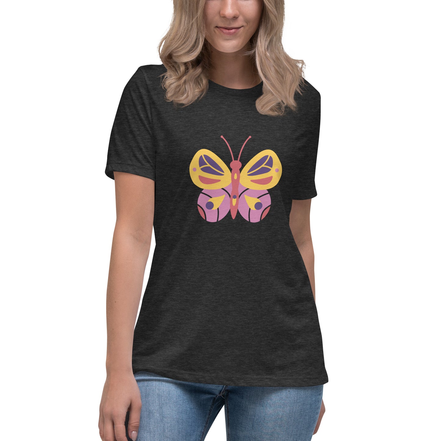 Women's Relaxed T-shirt - Colorful butterflies - Yellow and pink butterflie