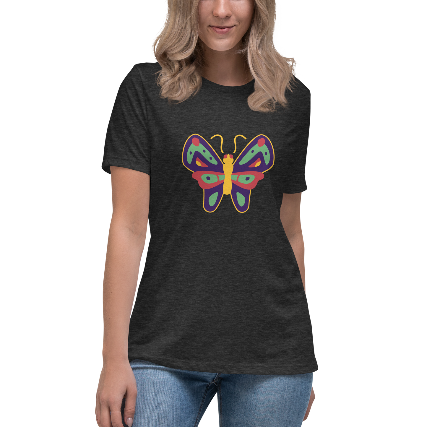 Women's Relaxed T-shirt - Colorful butterflies - Yellow and green butterflie