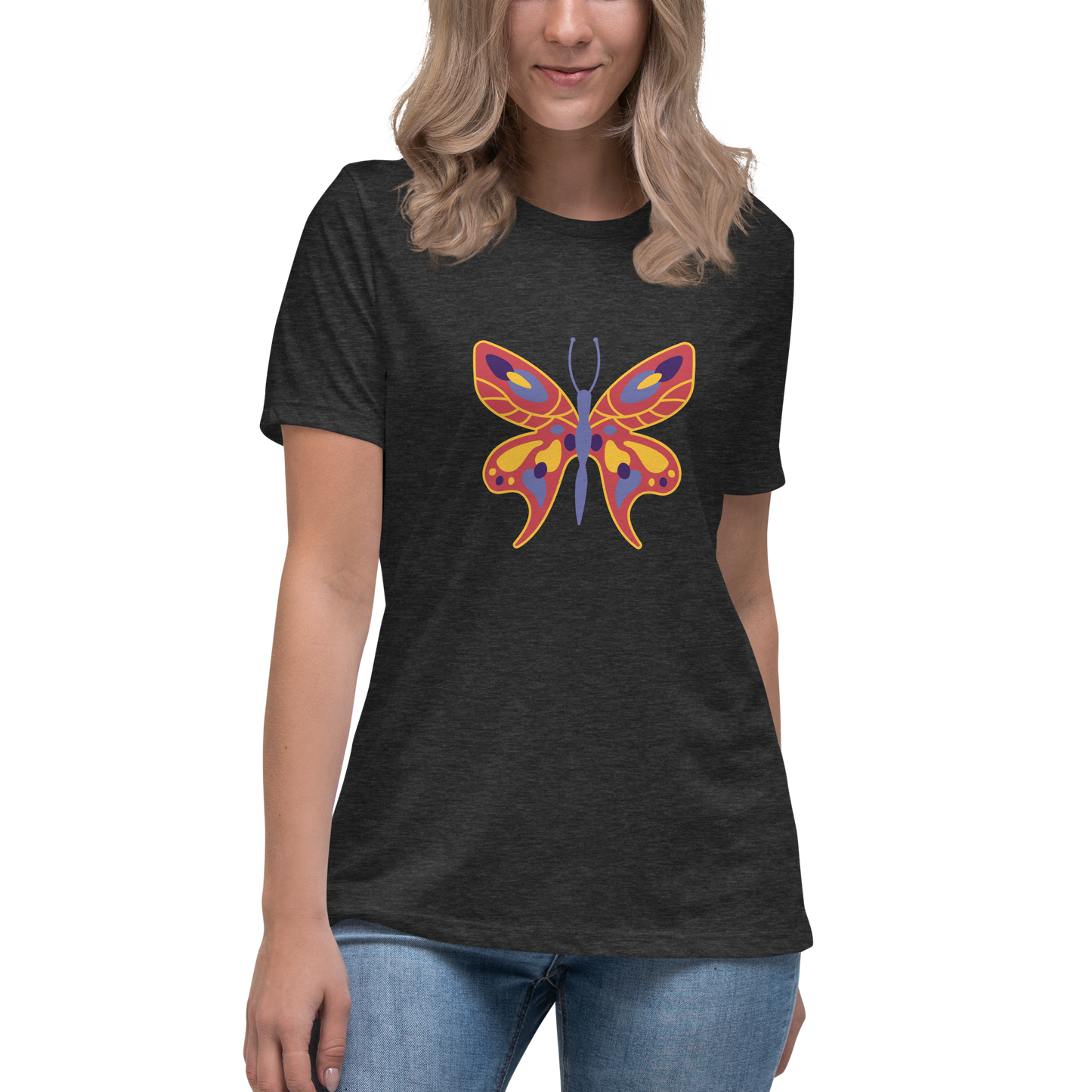 Women's Relaxed T-shirt - Colorful butterflies - Orange butterflie