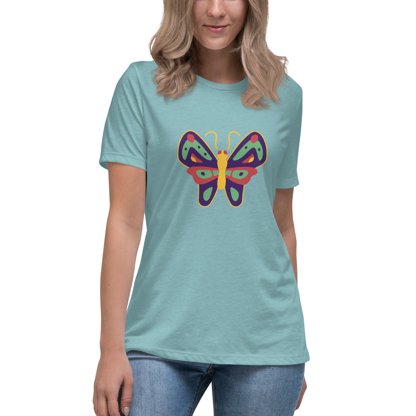 Women's Relaxed T-shirt - Colorful butterflies - Yellow and green butterflie