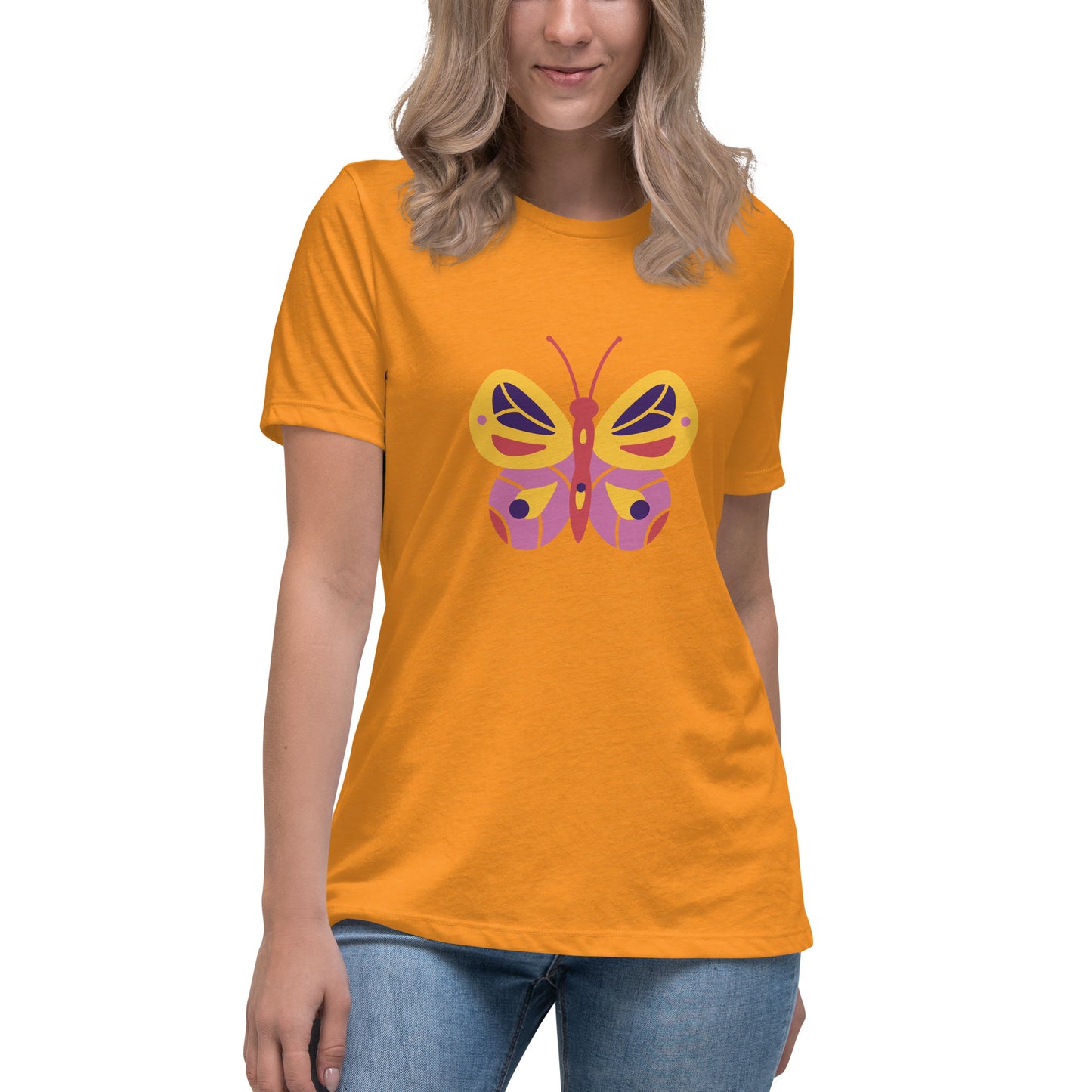 Women's Relaxed T-shirt - Colorful butterflies - Yellow and pink butterflie