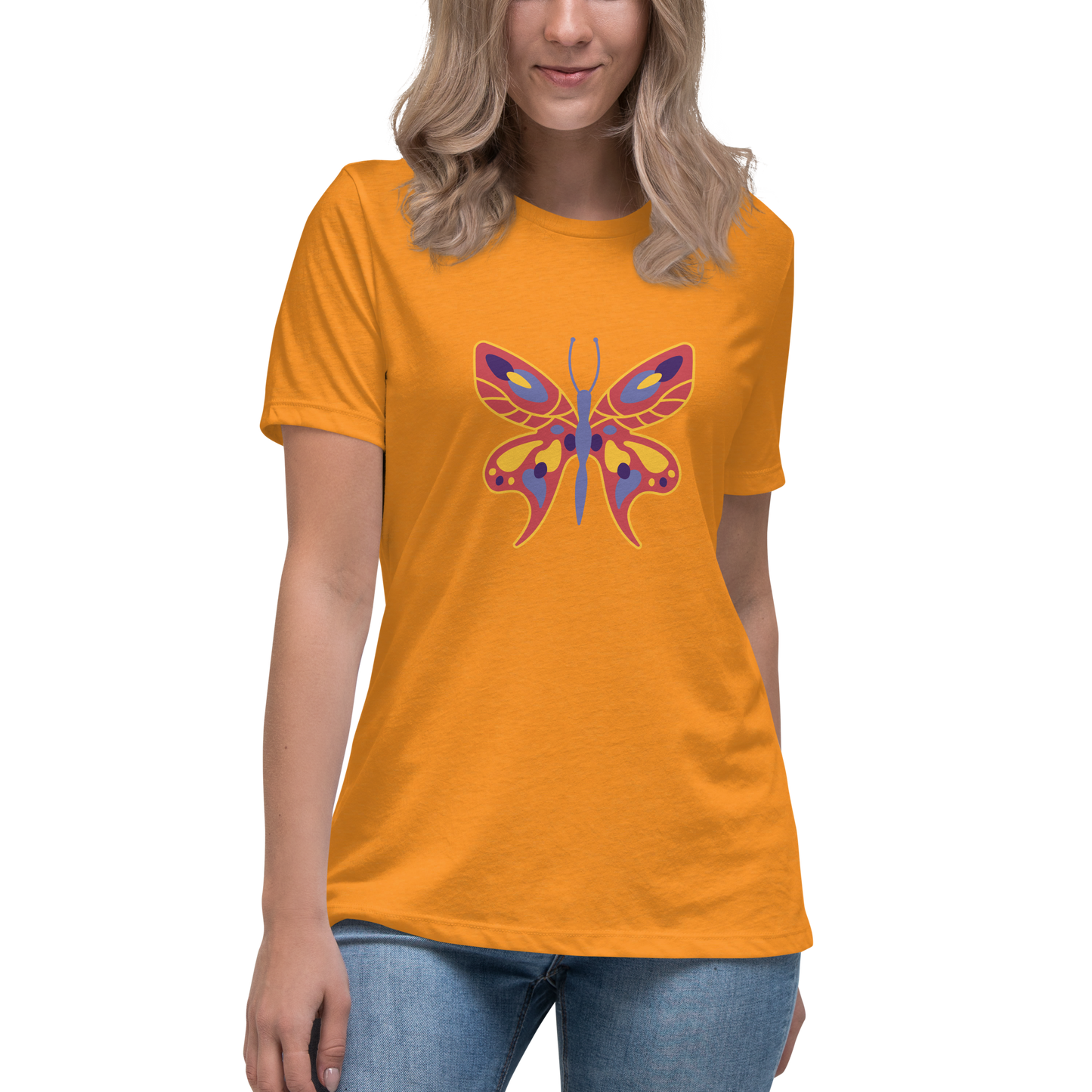 Women's Relaxed T-shirt - Colorful butterflies - Orange butterflie