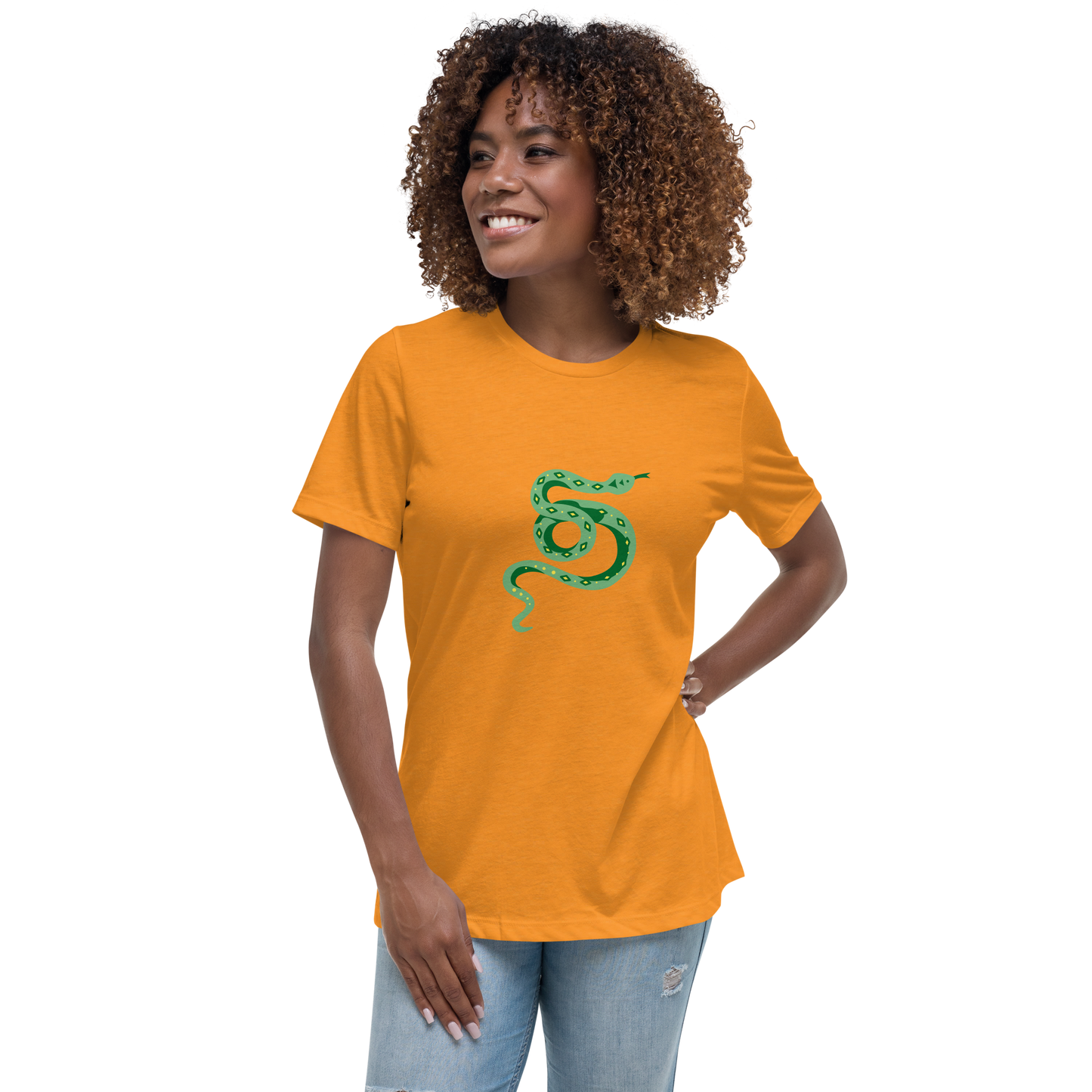 Women's Relaxed T-shirt - Snakes - Green and yellow snake