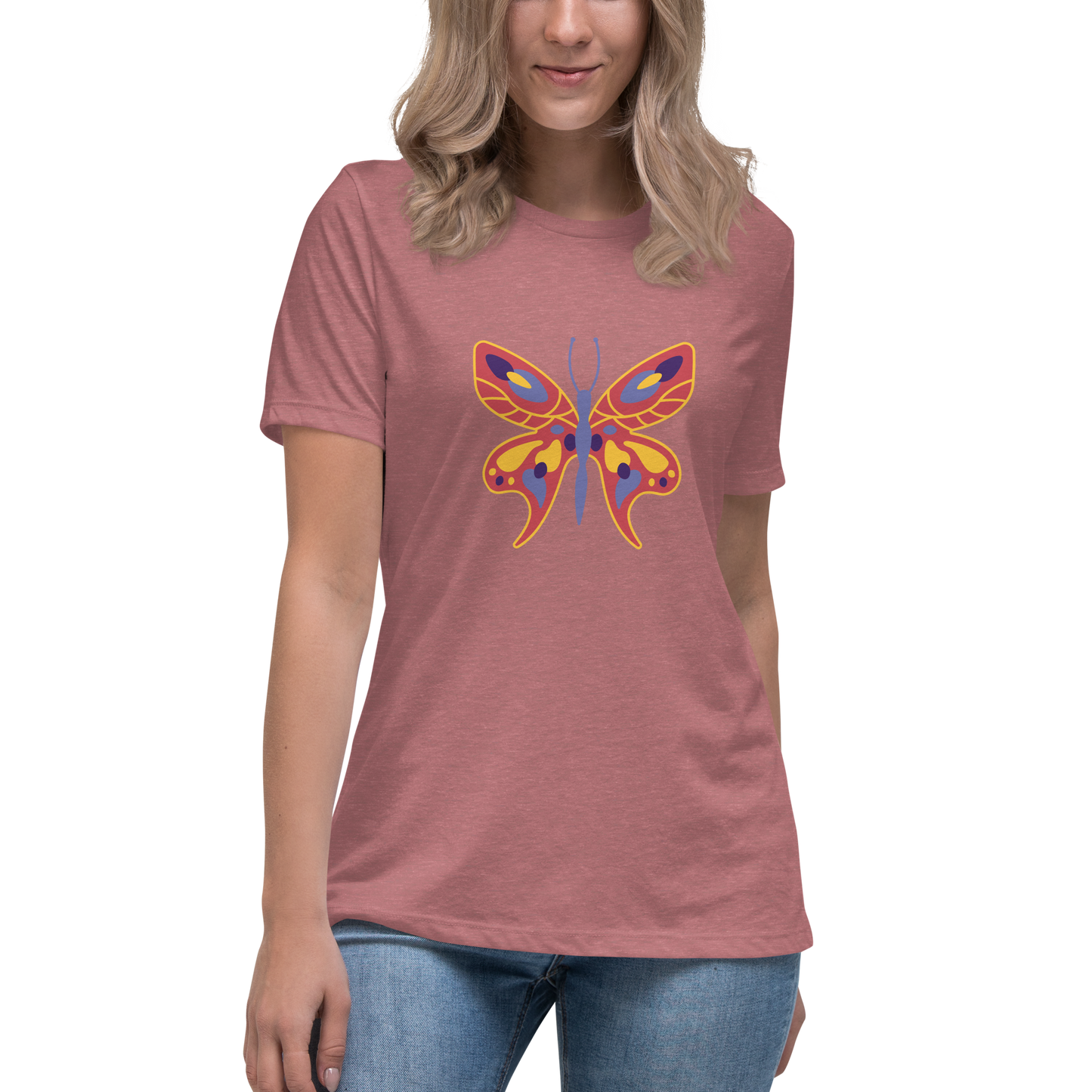 Women's Relaxed T-shirt - Colorful butterflies - Orange butterflie