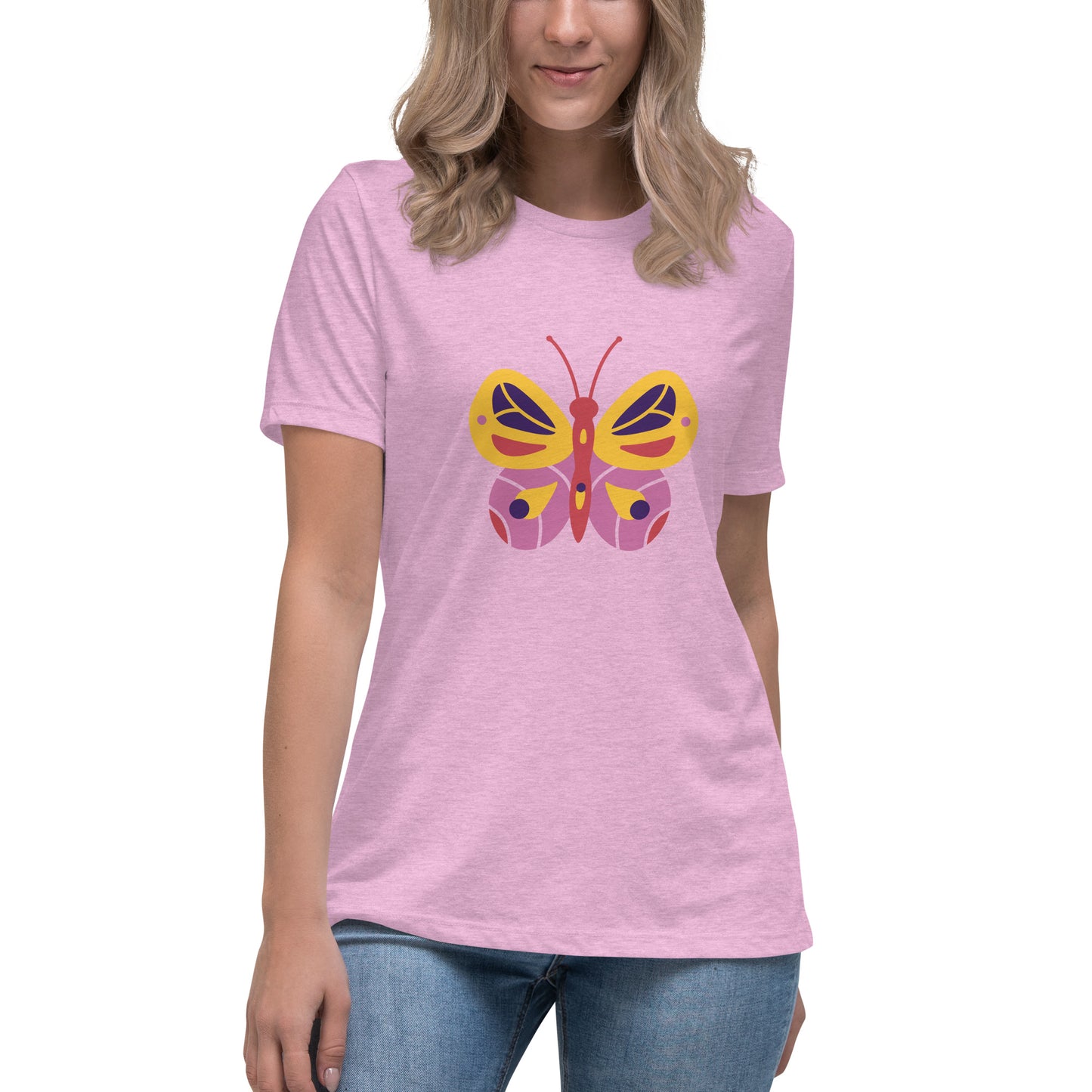 Women's Relaxed T-shirt - Colorful butterflies - Yellow and pink butterflie