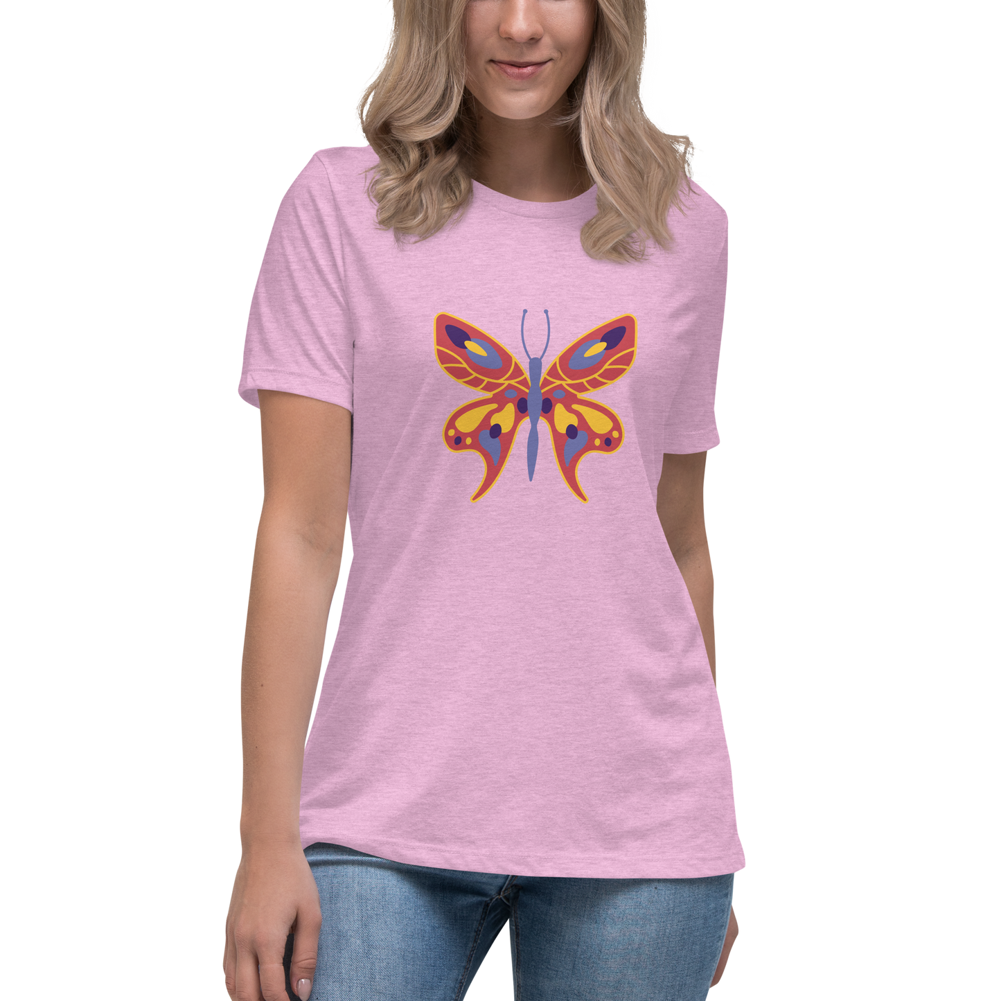 Women's Relaxed T-shirt - Colorful butterflies - Orange butterflie