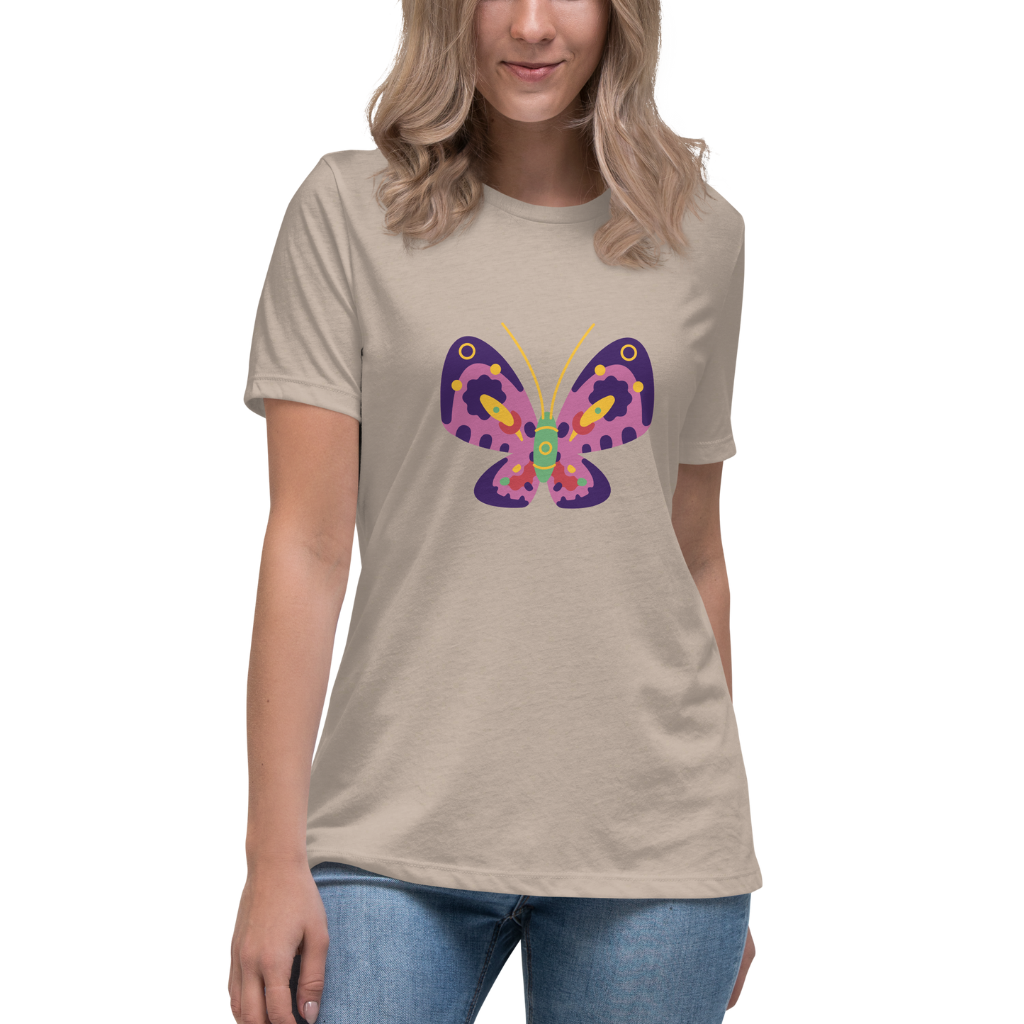 Women's Relaxed T-shirt - Colorful butterflies - Pink butterflie