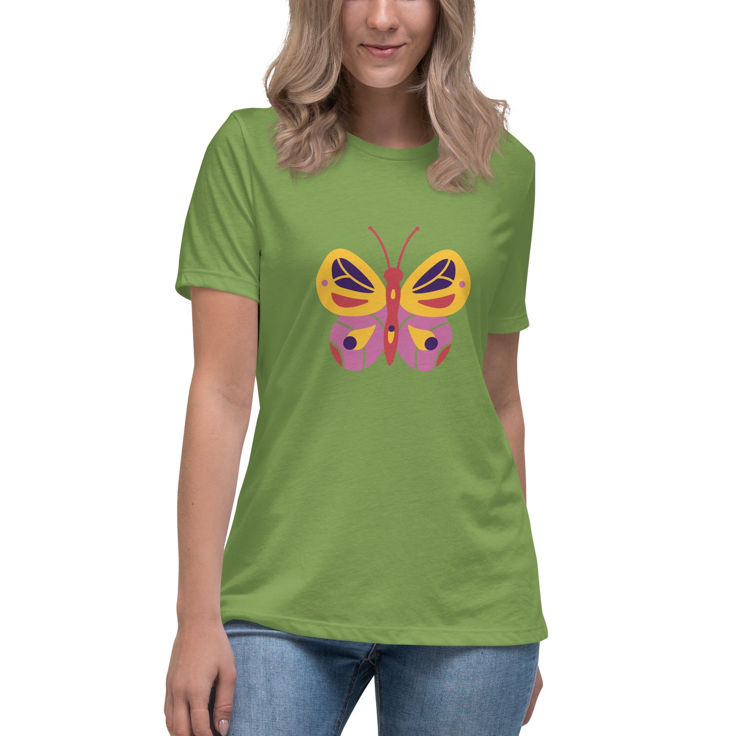 Women's Relaxed T-shirt - Colorful butterflies - Yellow and pink butterflie