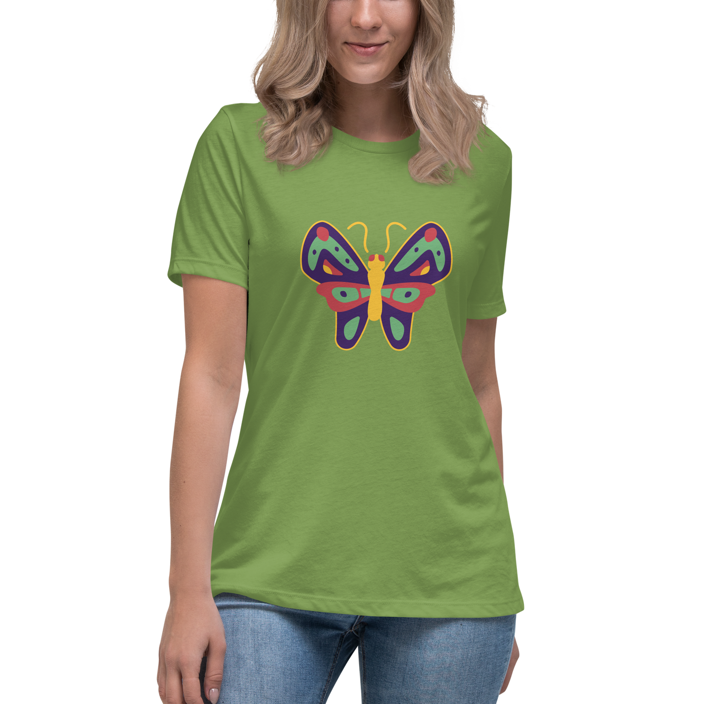 Women's Relaxed T-shirt - Colorful butterflies - Yellow and green butterflie