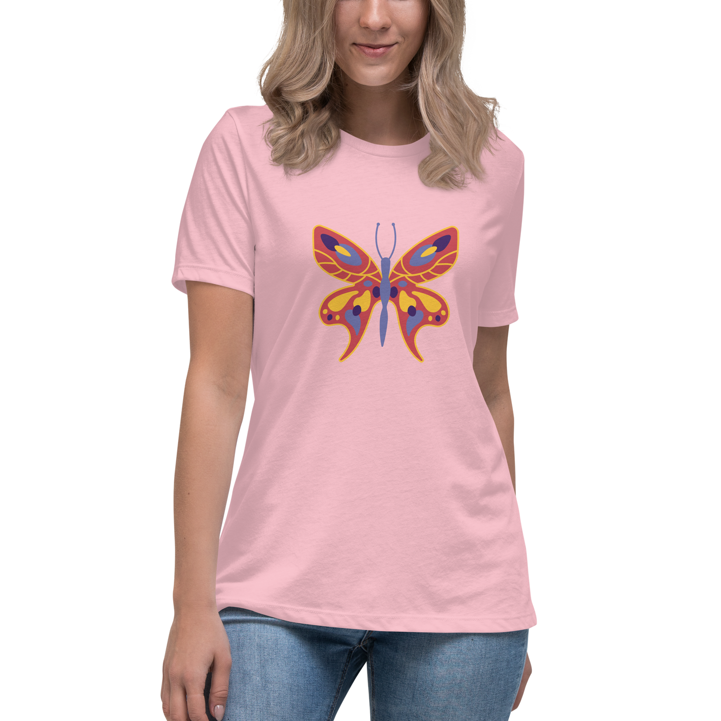 Women's Relaxed T-shirt - Colorful butterflies - Orange butterflie