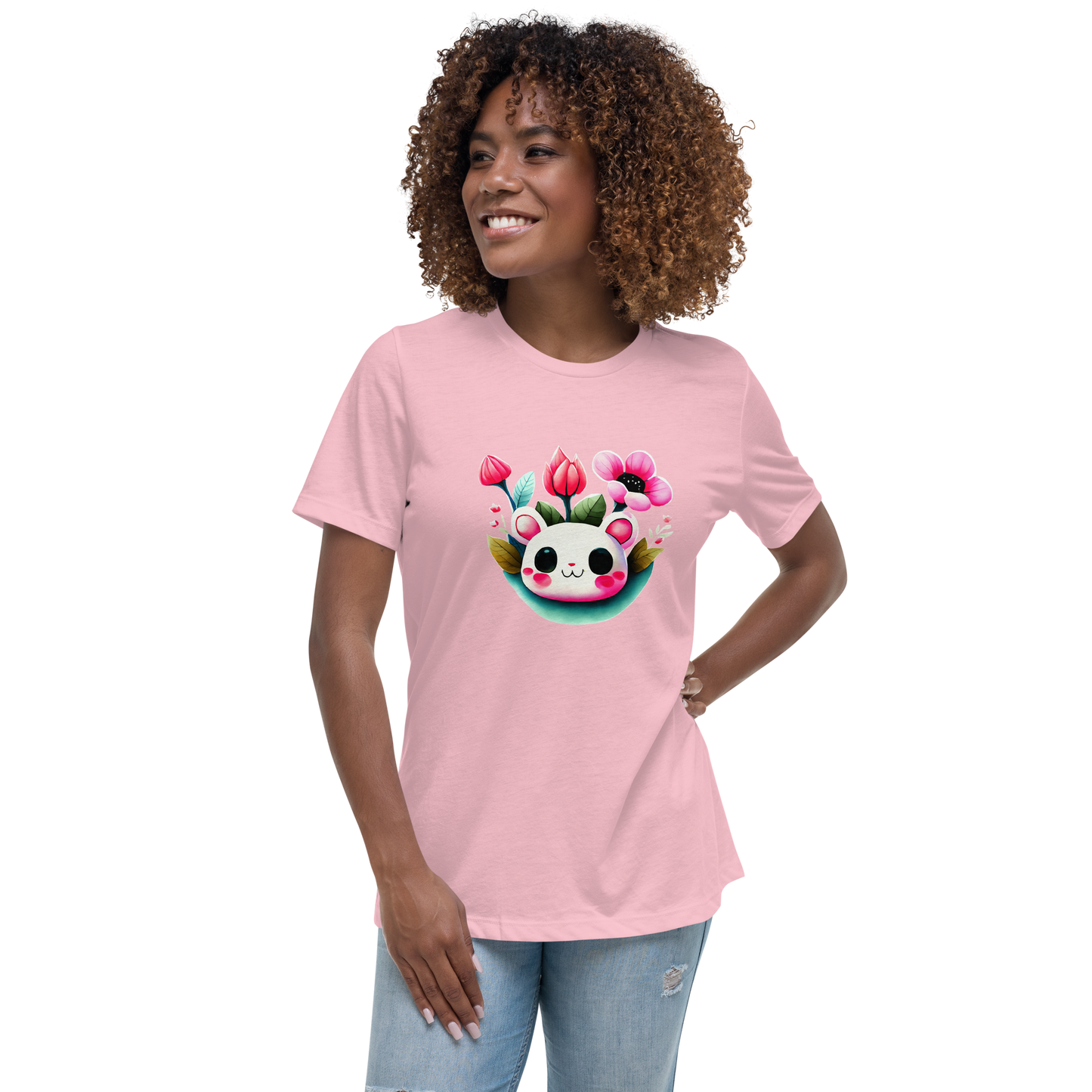 Women's Relaxed T-Shirt - White and pink Kawaii