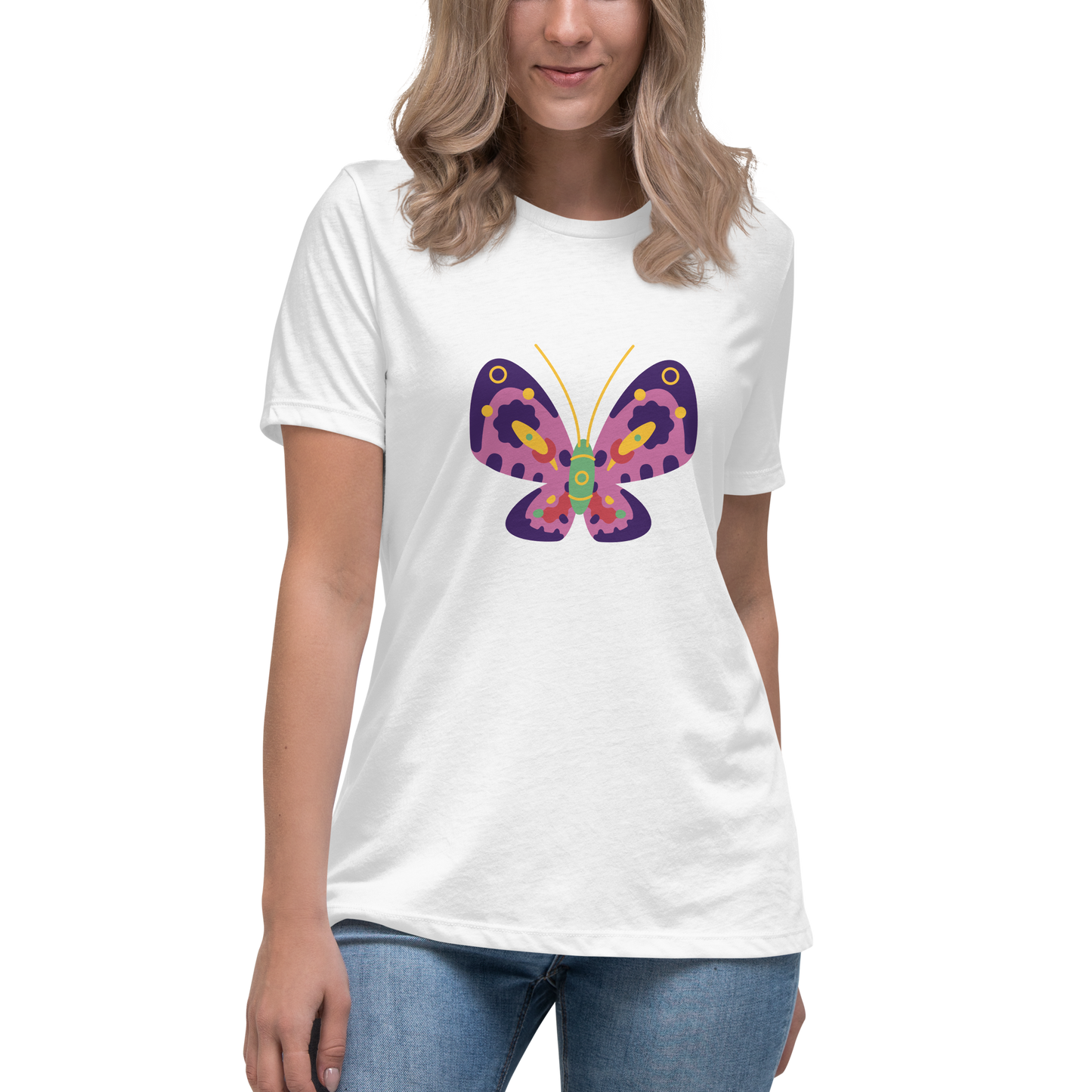 Women's Relaxed T-shirt - Colorful butterflies - Pink butterflie