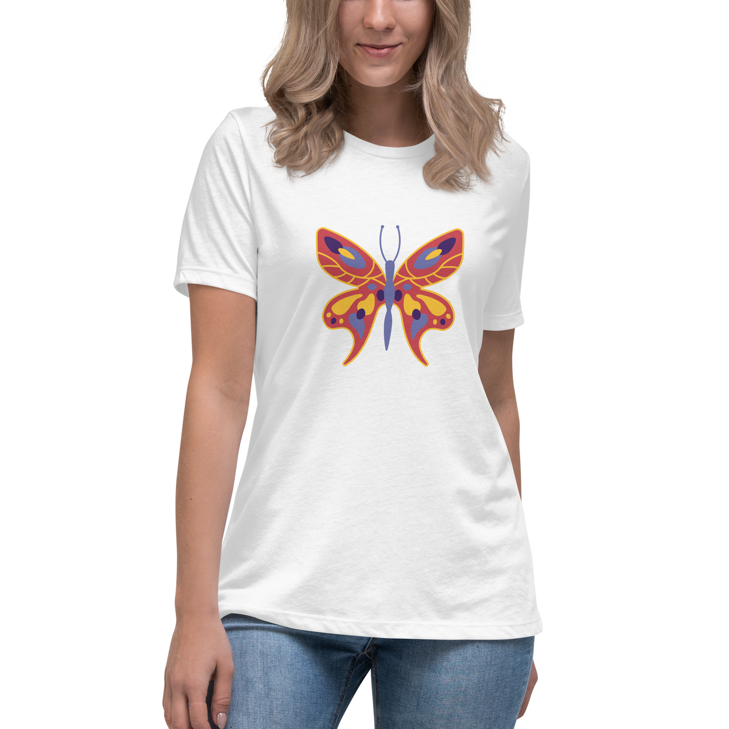 Women's Relaxed T-shirt - Colorful butterflies - Orange butterflie