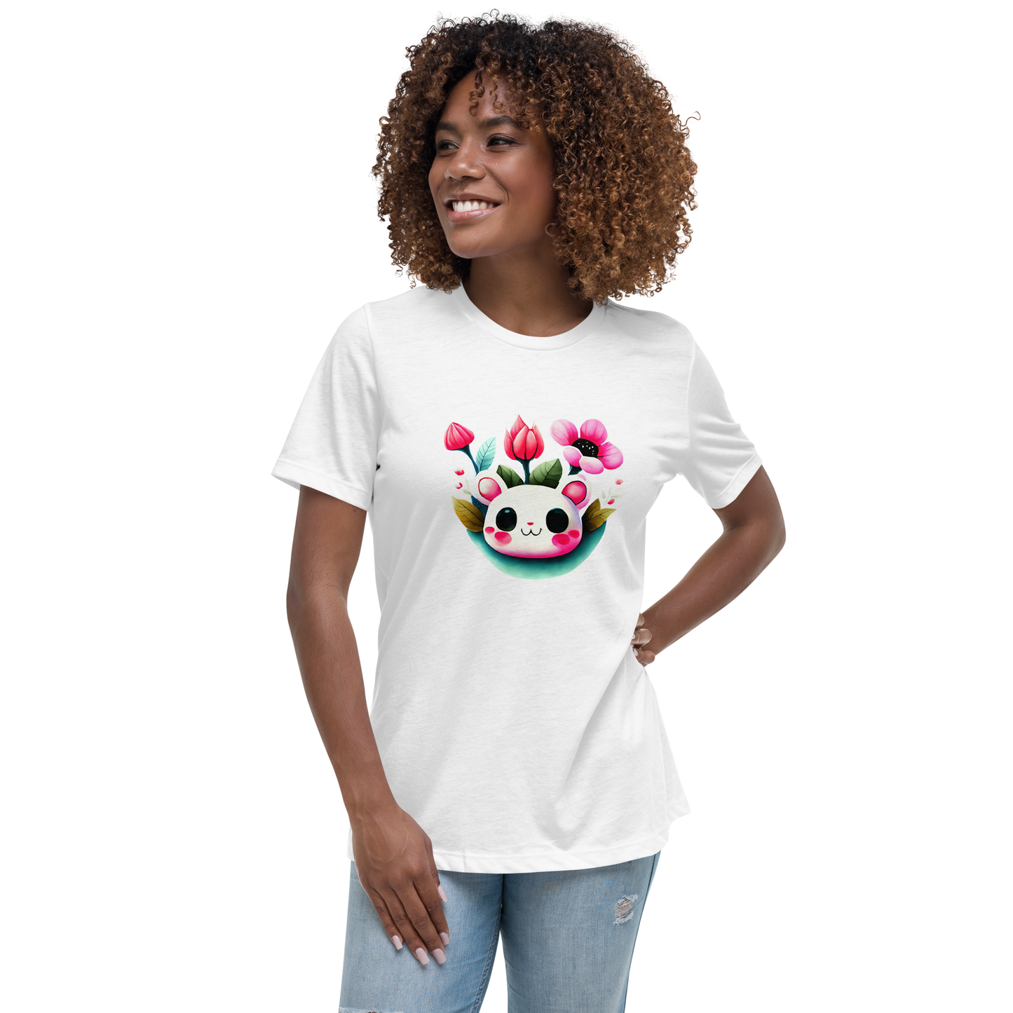 Women's Relaxed T-Shirt - White and pink Kawaii